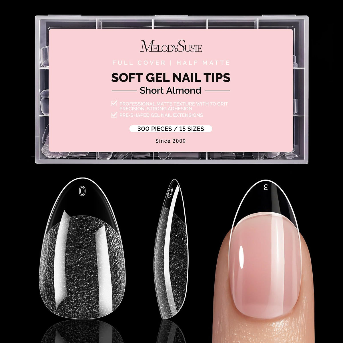 MelodySusie front packaging showing 300-piece kit and almond shape benefit