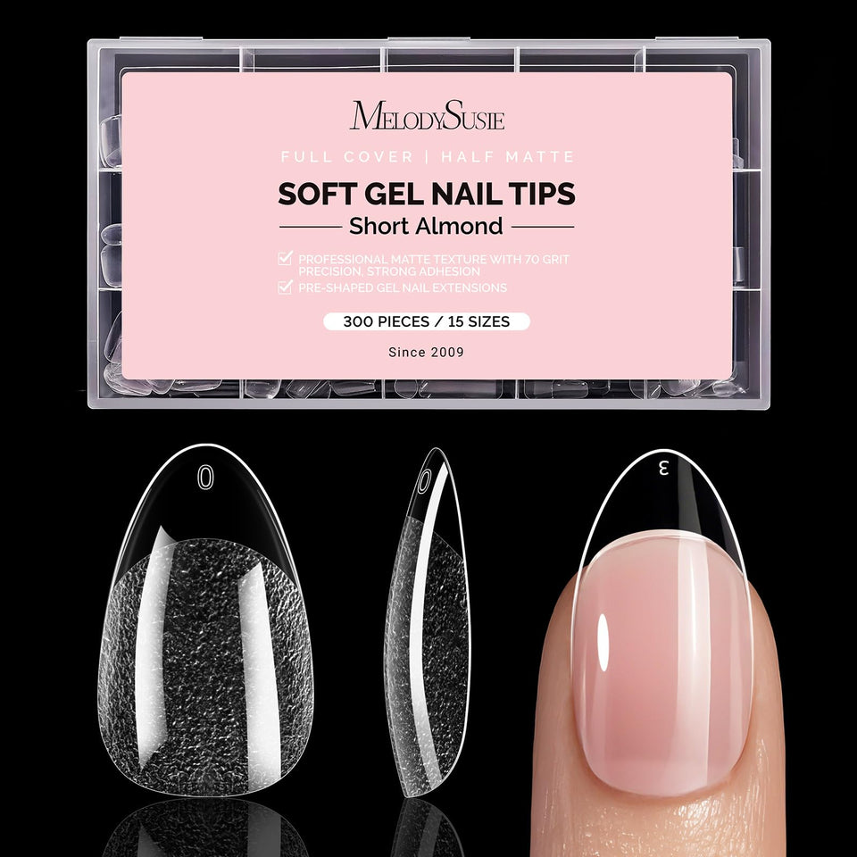 MelodySusie front packaging showing 300-piece kit and almond shape benefit