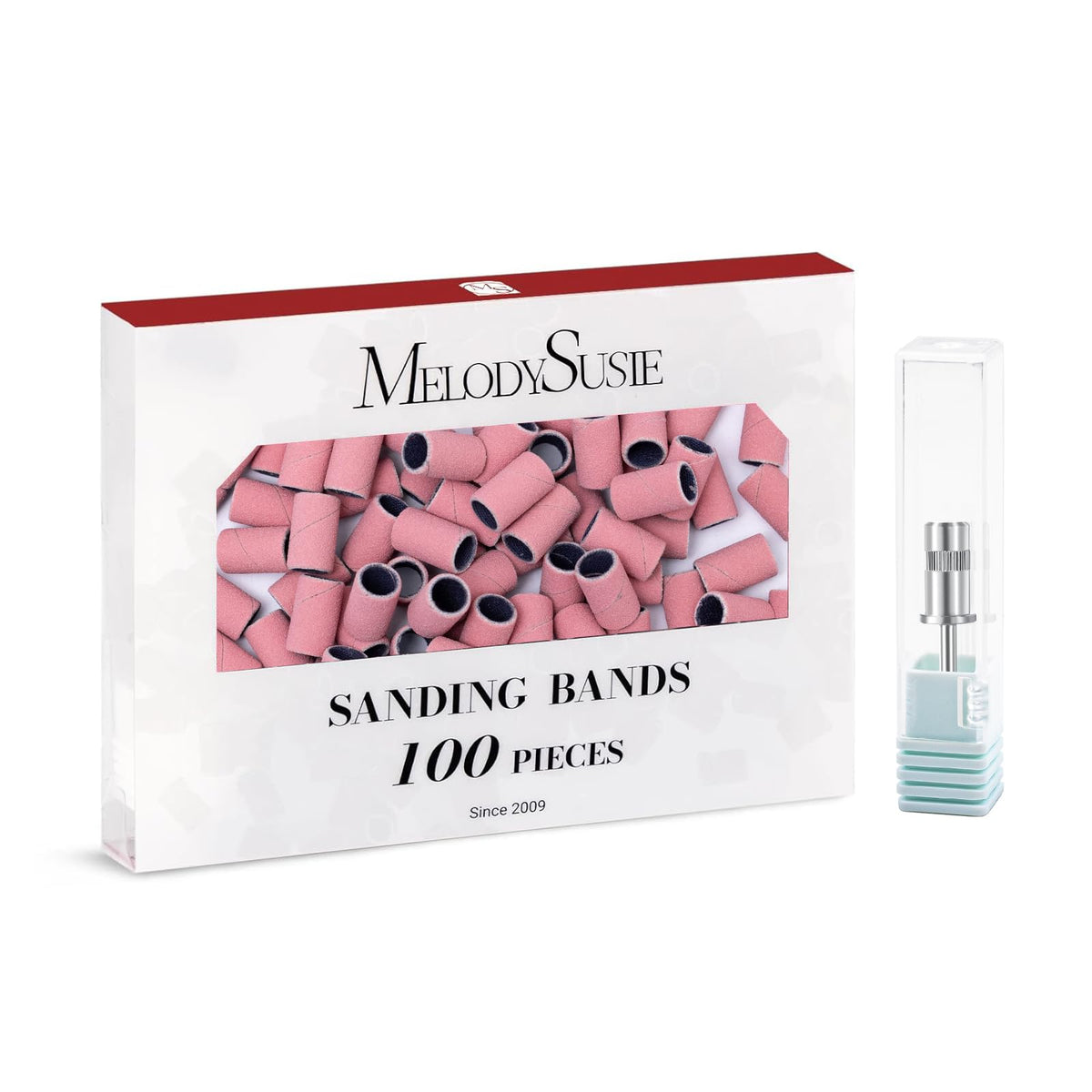 MelodySusie front packaging shows 100 sanding bands and clear quantity benefit