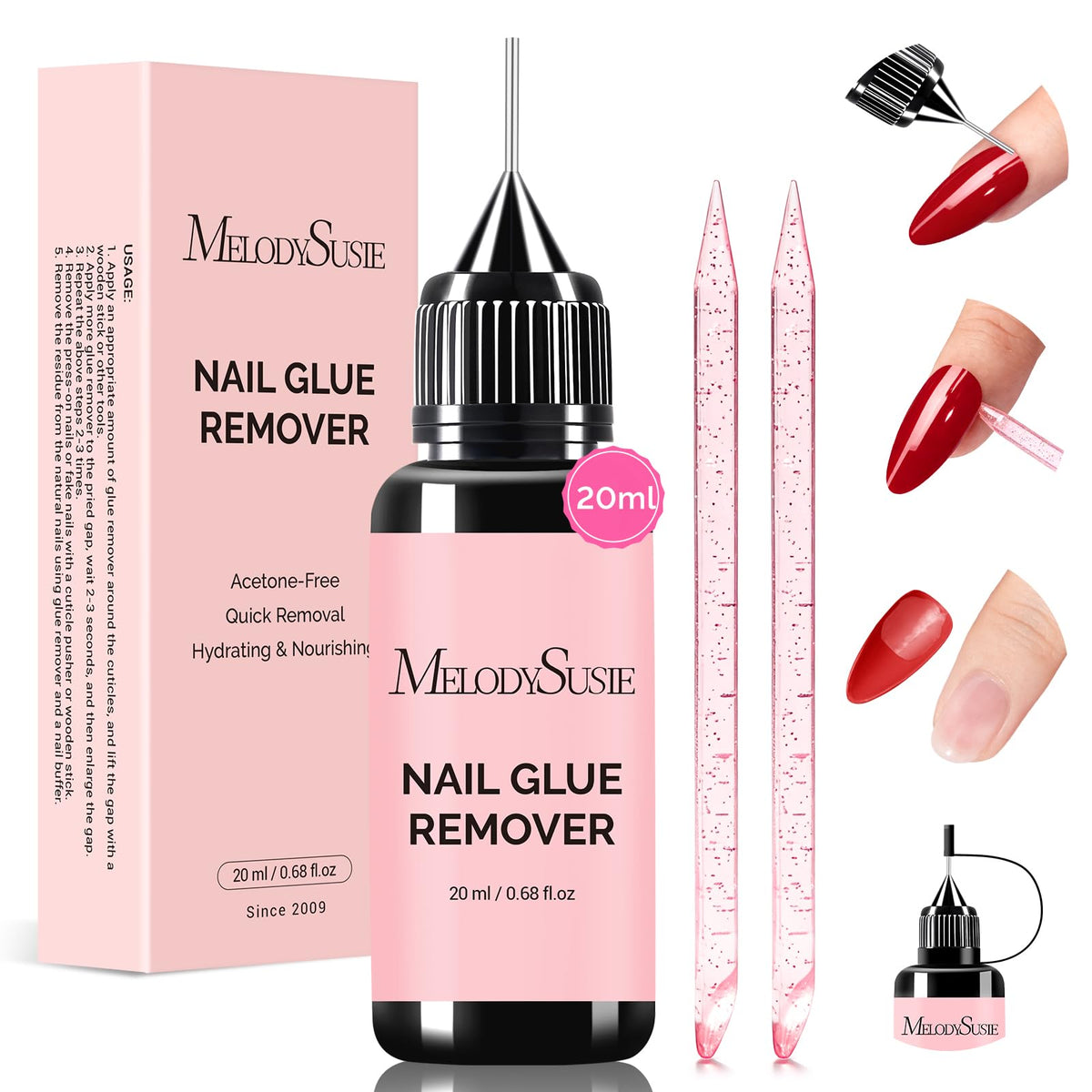 MelodySusie front packaging showing 20ml gentle remover and benefits
