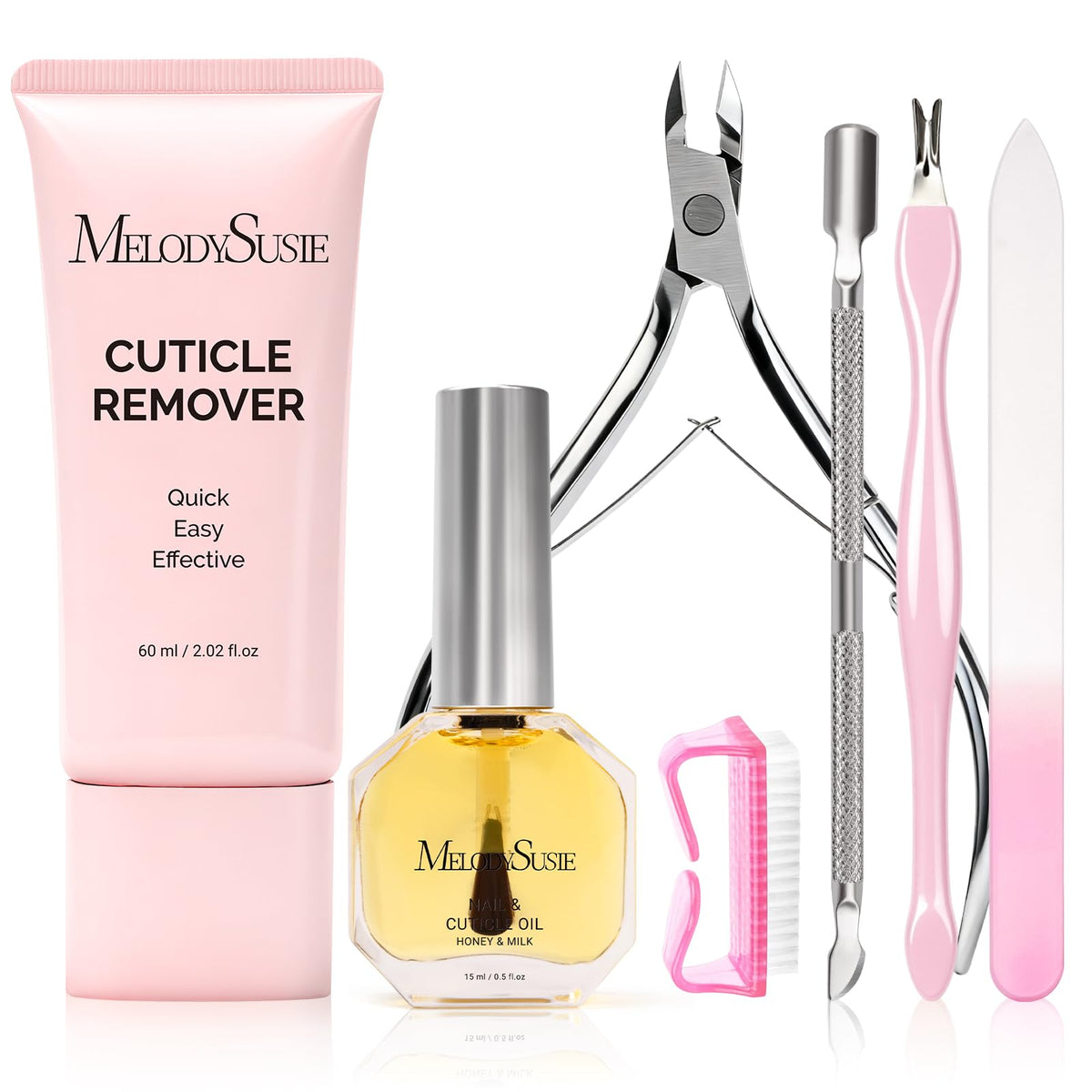 MelodySusie front packaging showcasing full 7-in-1 manicure kit and benefits