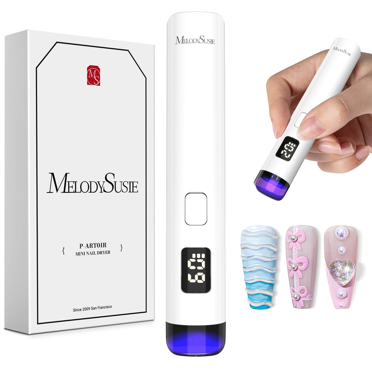 MelodySusie handheld UV lamp front view showing compact design and portability