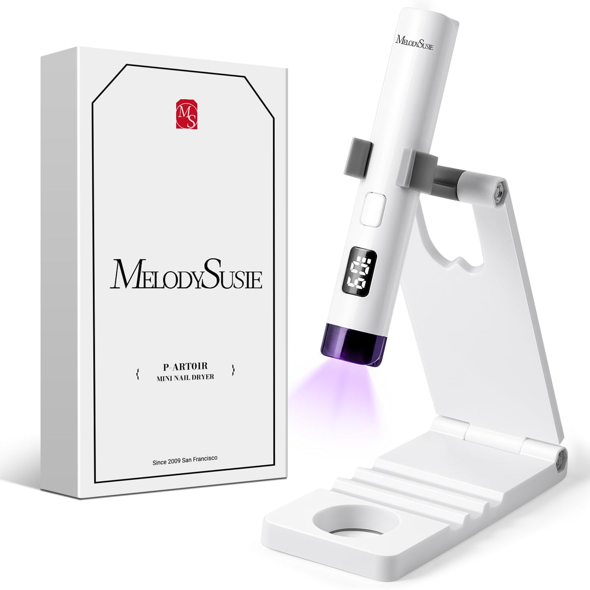 MelodySusie front view with stand showing compact design and hands-free benefit
