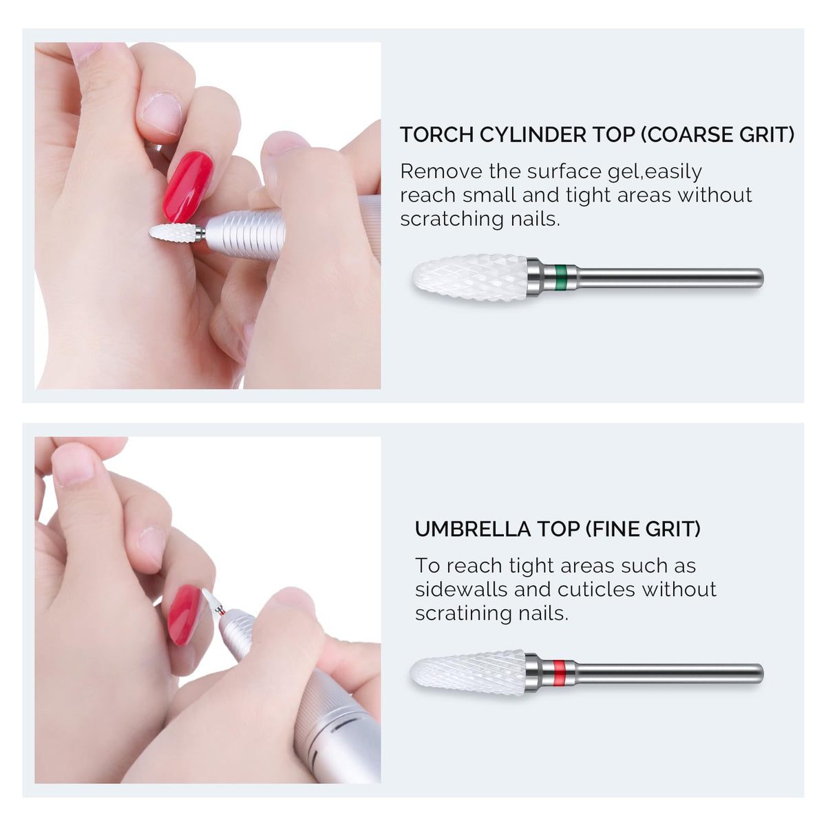 MelodySusie bit in use on a fingernail demonstrating efficient gel and acrylic removal
