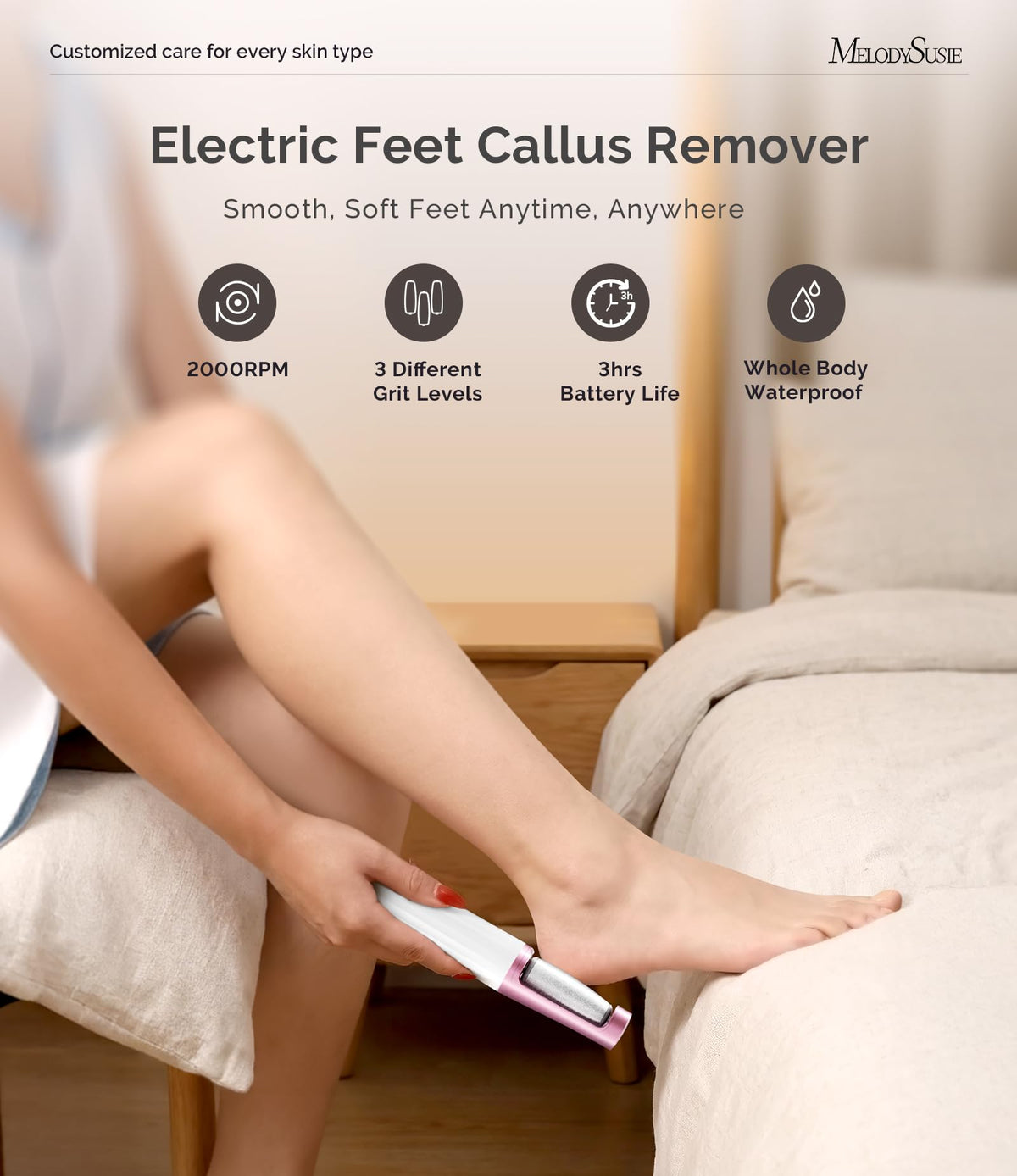 MelodySusie device in use on heel demonstrating effective dead skin removal benefit