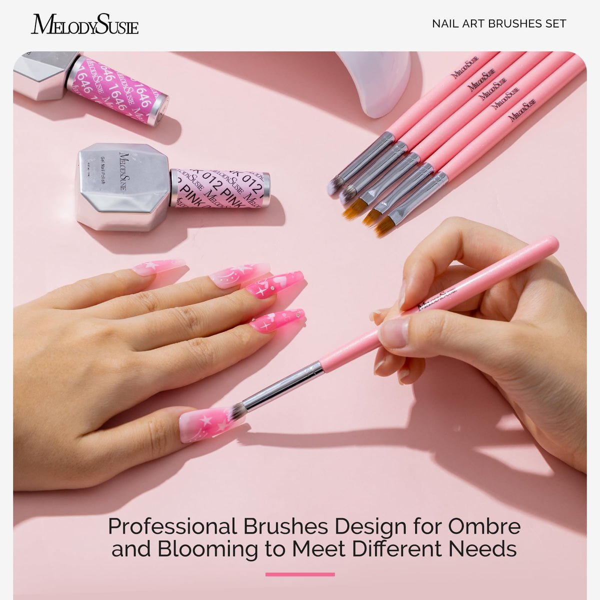 MelodySusie brushes arranged in a manicure setup for salon-ready gradient nail art