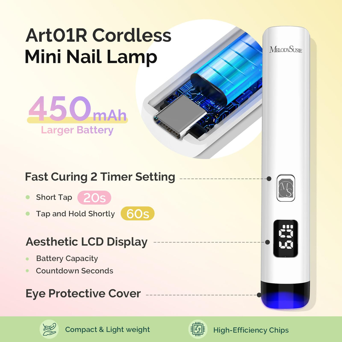 MelodySusie P-ART01R handheld lamp in hand showing cordless convenience for detail work