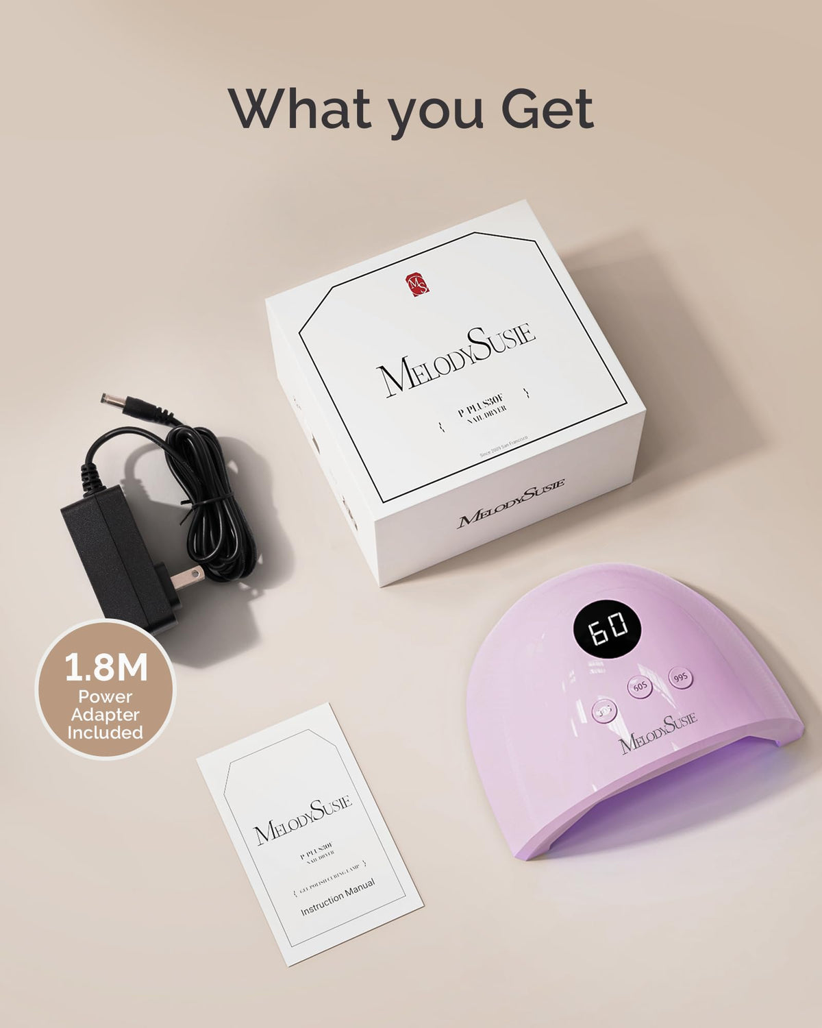 MelodySusie packaging with power cord and manual showing everything included for quick setup