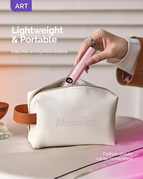 MelodySusie lamp next to a hand illustrating small size for travel convenience