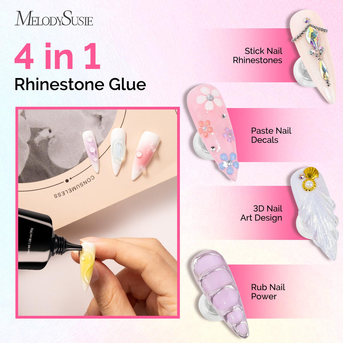 MelodySusie two rhinestone glue bottles displaying thick and thin viscosities