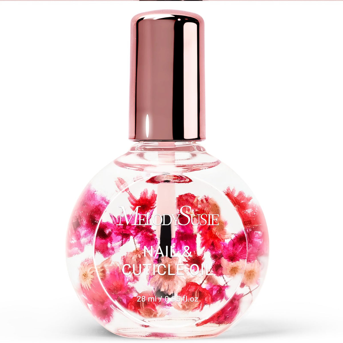 MelodySusie front bottle view showcasing elegant rose-infused nail oil and hydration benefit