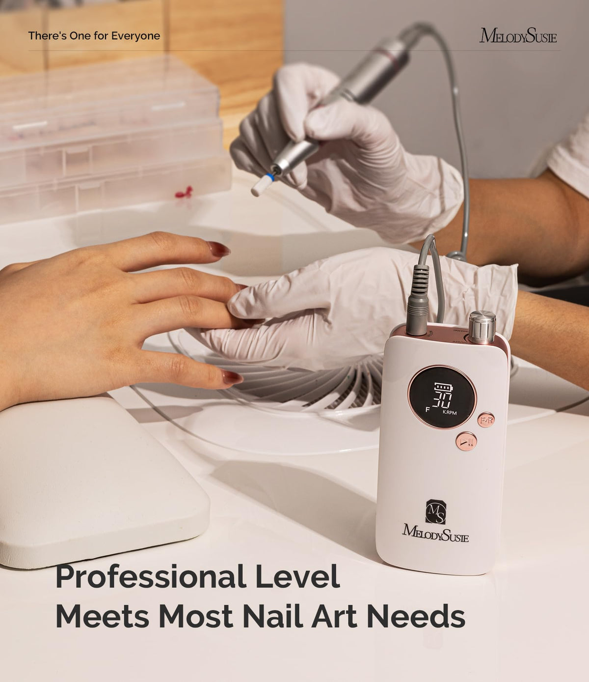 MelodySusie SC320F in use during a home manicure demonstrating stable filing control