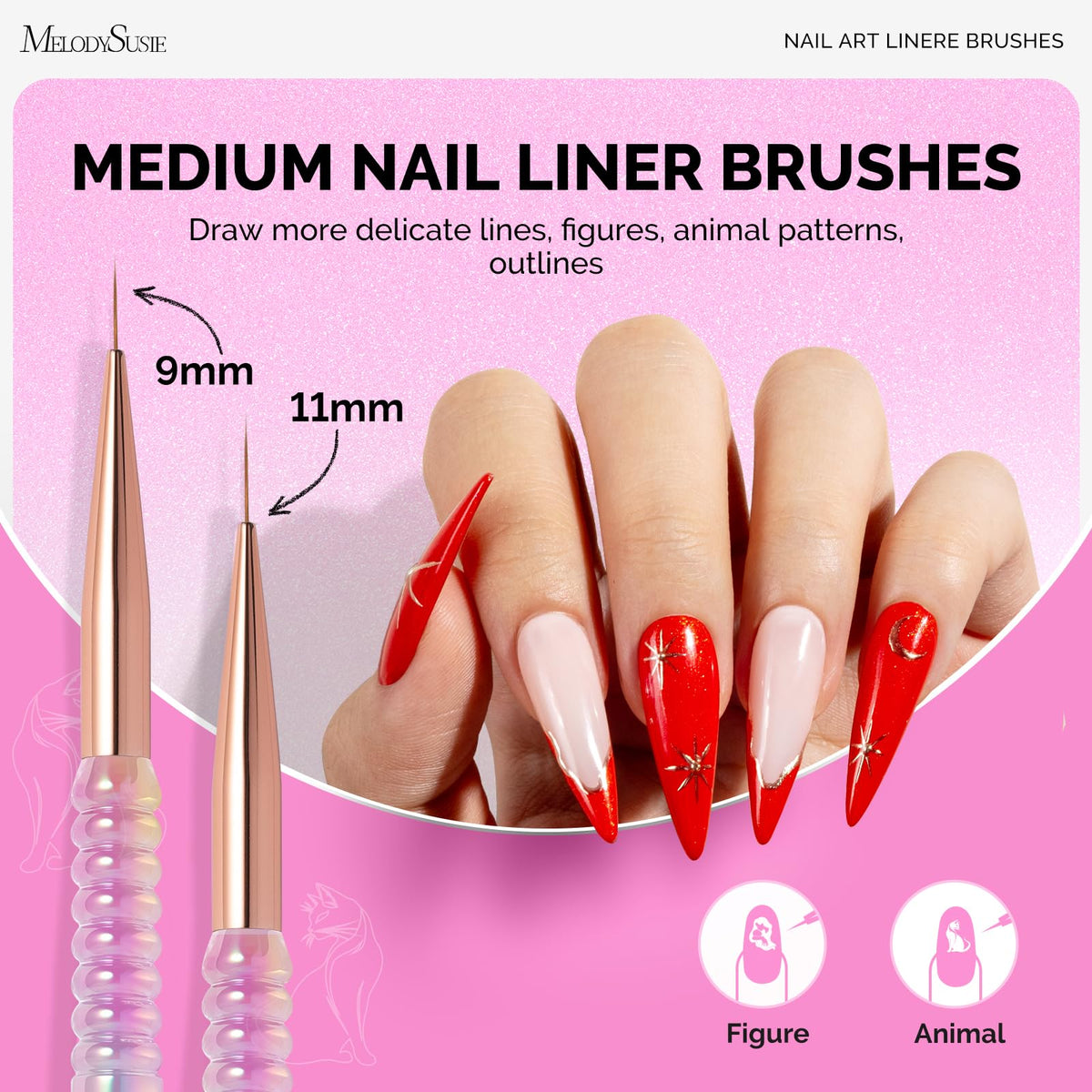 MelodySusie five brushes lined up to show 5,7,9,11,20mm sizes for precise selection