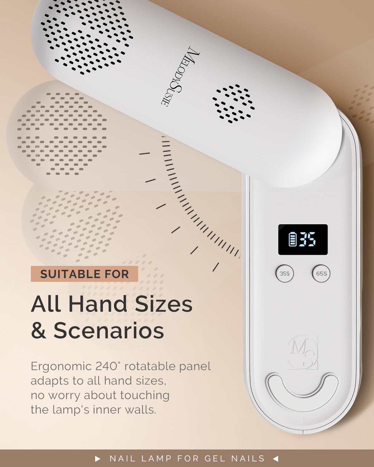 MelodySusie size comparison with a hand demonstrating compact, travel-friendly design