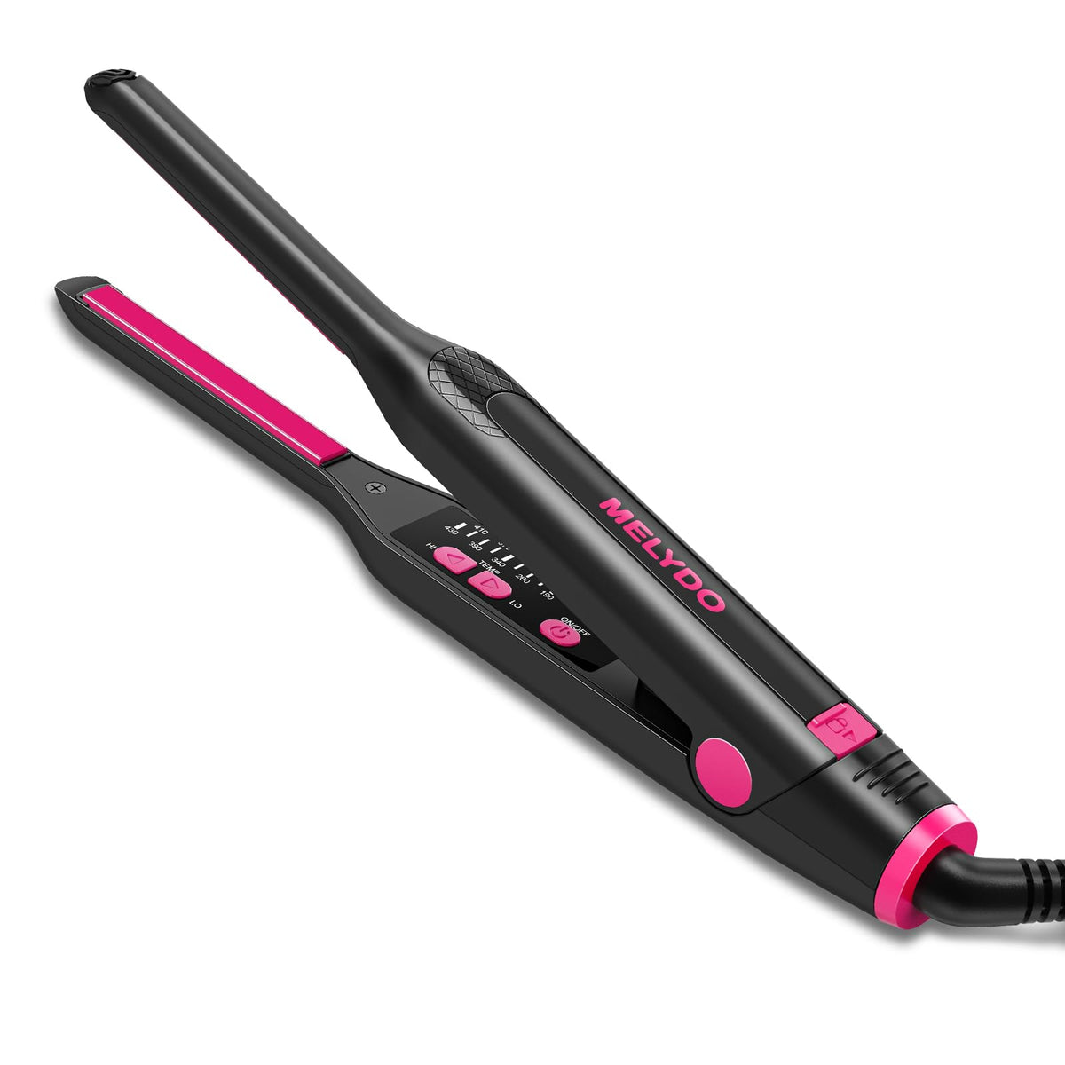 MELYDO front view of mini flat iron showing slim profile for precise styling