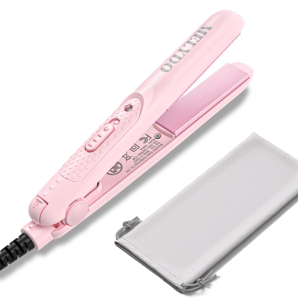 MELYDO mini flat iron front view showing compact size and sleek pink finish