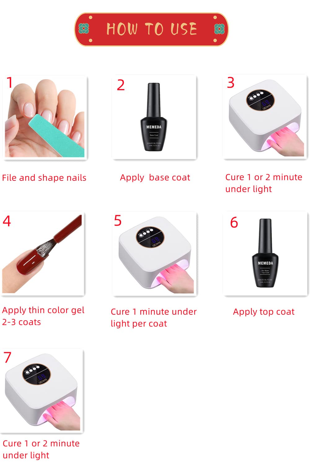 MEMEDA nail removal process tools with bottle showing safe, stepwise gel polish removal