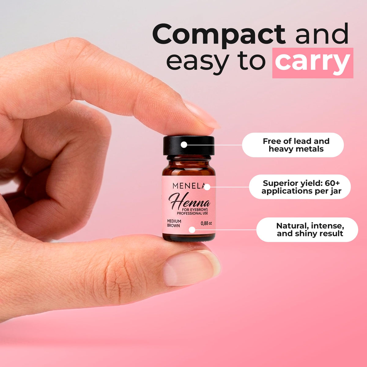 Menela size comparison next to fingertip illustrating compact, travel-friendly kit