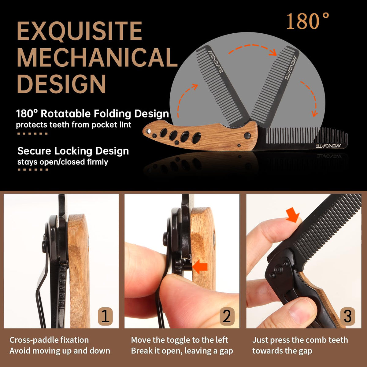 MenGate folded compact comb fitting in hand, ultra-portable for travel and EDC convenience