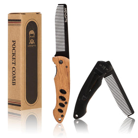 MenGate front view of folding pocket comb showing sleek metal and wood, durable grooming on display