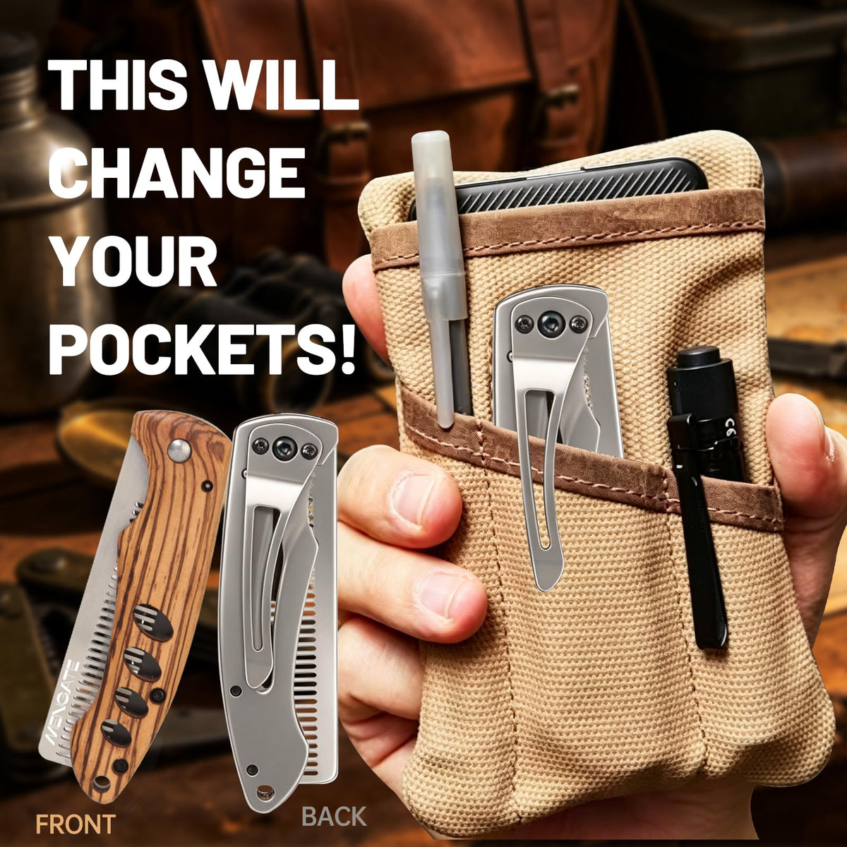 MenGate next to credit card illustrates slim EDC size for portability
