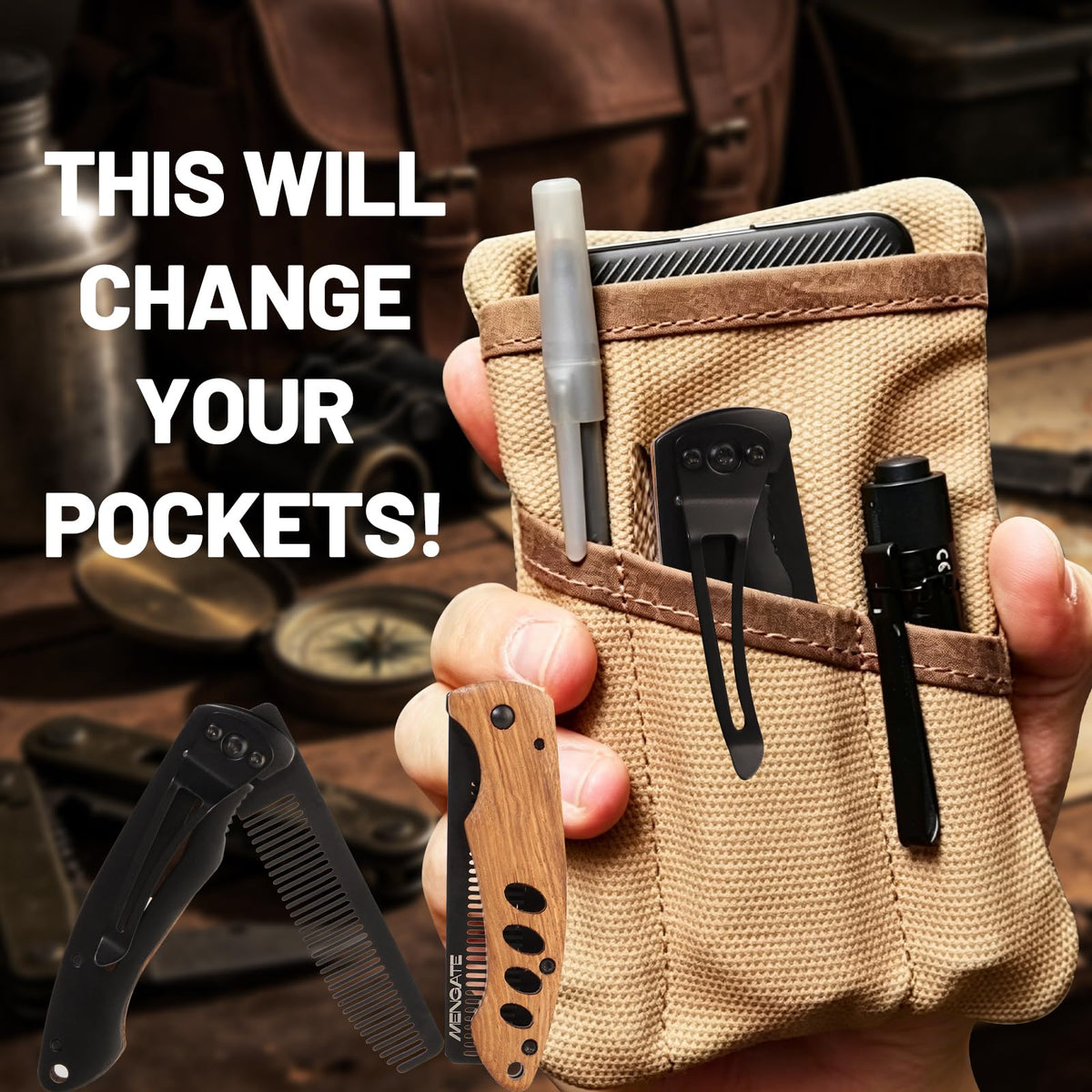 MenGate comb attached to keyring with carabiner, ready for travel and on-the-go touch-ups