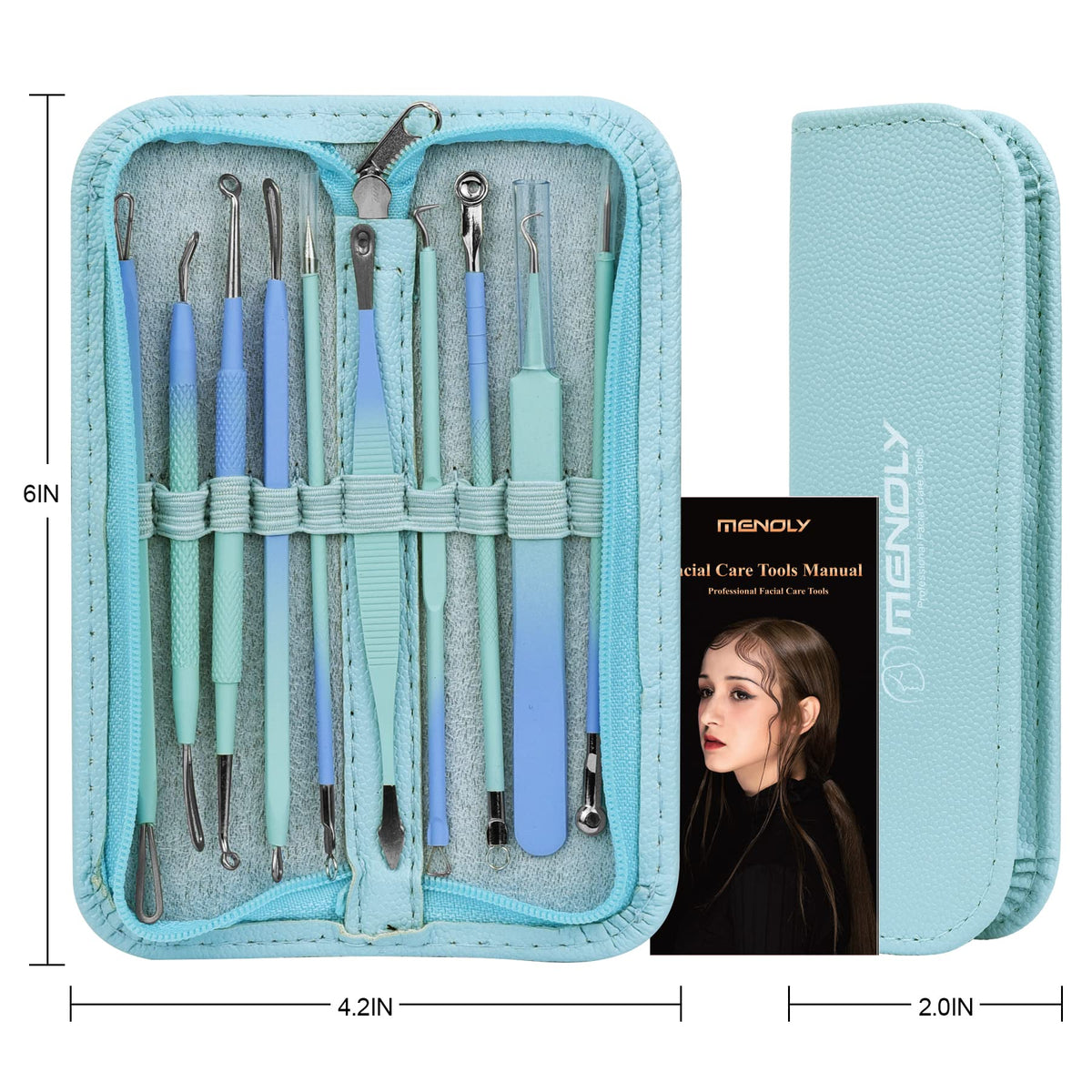 MENOLY tools next to a hand for scale showing compact size and easy portability for on-the-go care