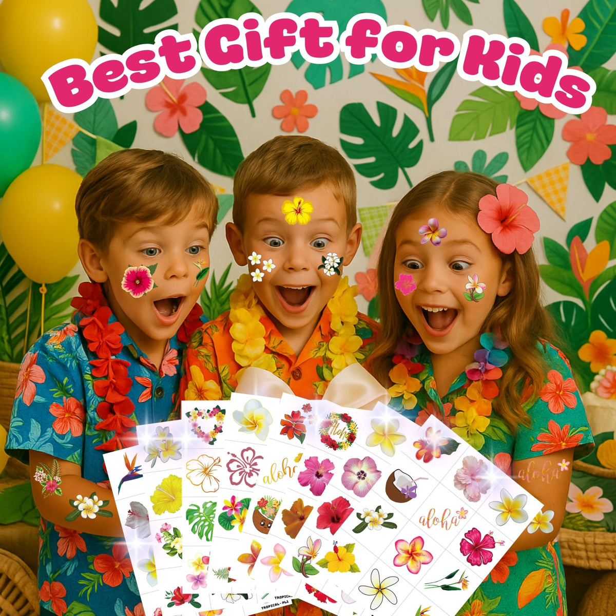 MeoIsDaBest child wearing a floral tattoo at a luau showing fun, kid-friendly style