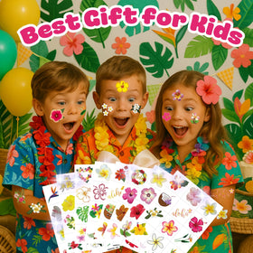 MeoIsDaBest child wearing a floral tattoo at a luau showing fun, kid-friendly style