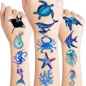 MeoIsDaBest front packaging showing 96 ocean animal tattoos and clear pre-cut sheets for easy sharing
