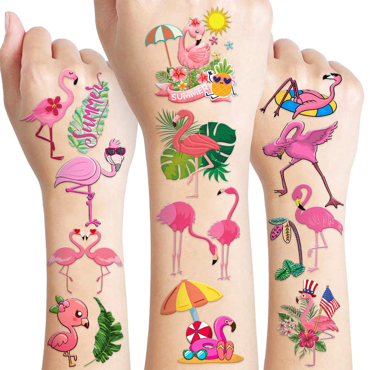 MeoIsDaBest front packaging showing 96 pink flamingo tattoos and colorful art