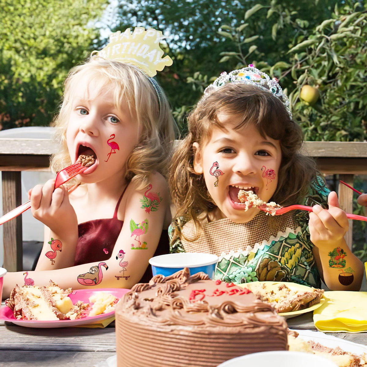 MeoIsDaBest kids wearing assorted flamingo tattoos at a tropical-themed party