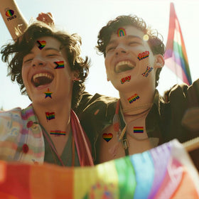 MeoIsDaBest group at parade wearing tattoos showing inclusive, celebratory style