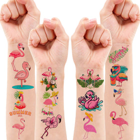 MeoIsDaBest party favors bag stuffed with flamingo tattoos for giveaways
