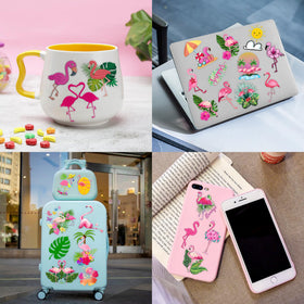 MeoIsDaBest multiple sheets flatlay showing variety of flamingo designs