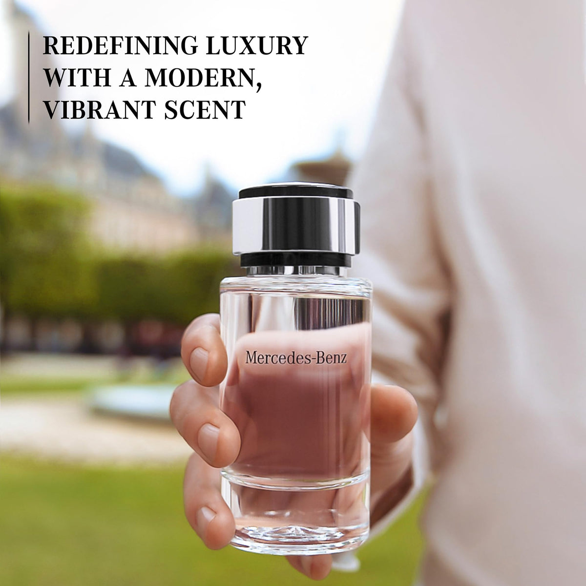 Mercedes Benz angled bottle highlighting glass contours and masculine aesthetic