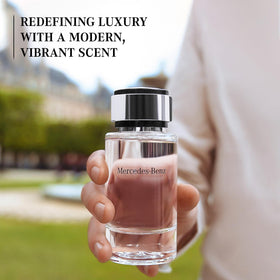Mercedes Benz angled bottle highlighting glass contours and masculine aesthetic