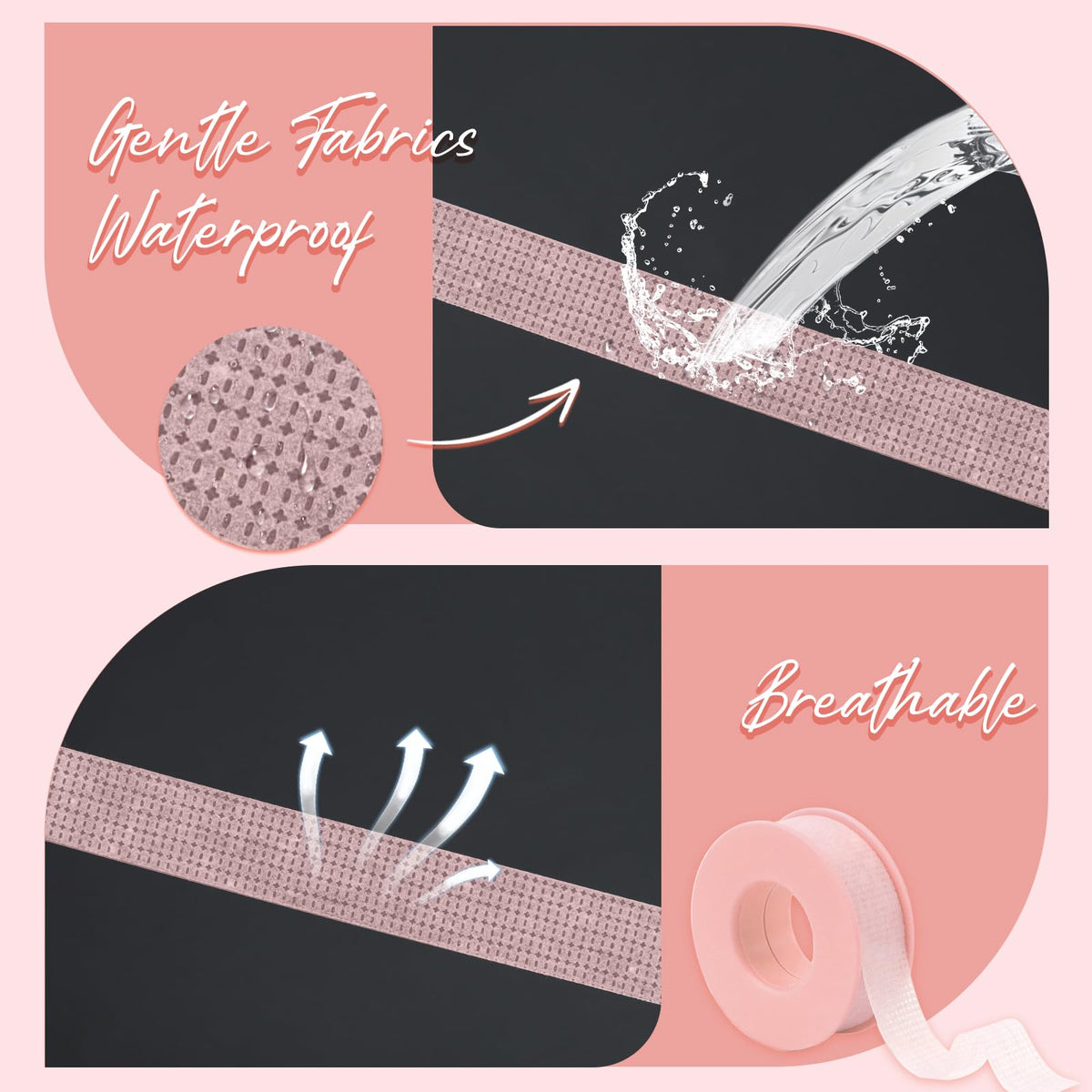 MERETON tape next to a hand showing roll width and easy tearability benefit