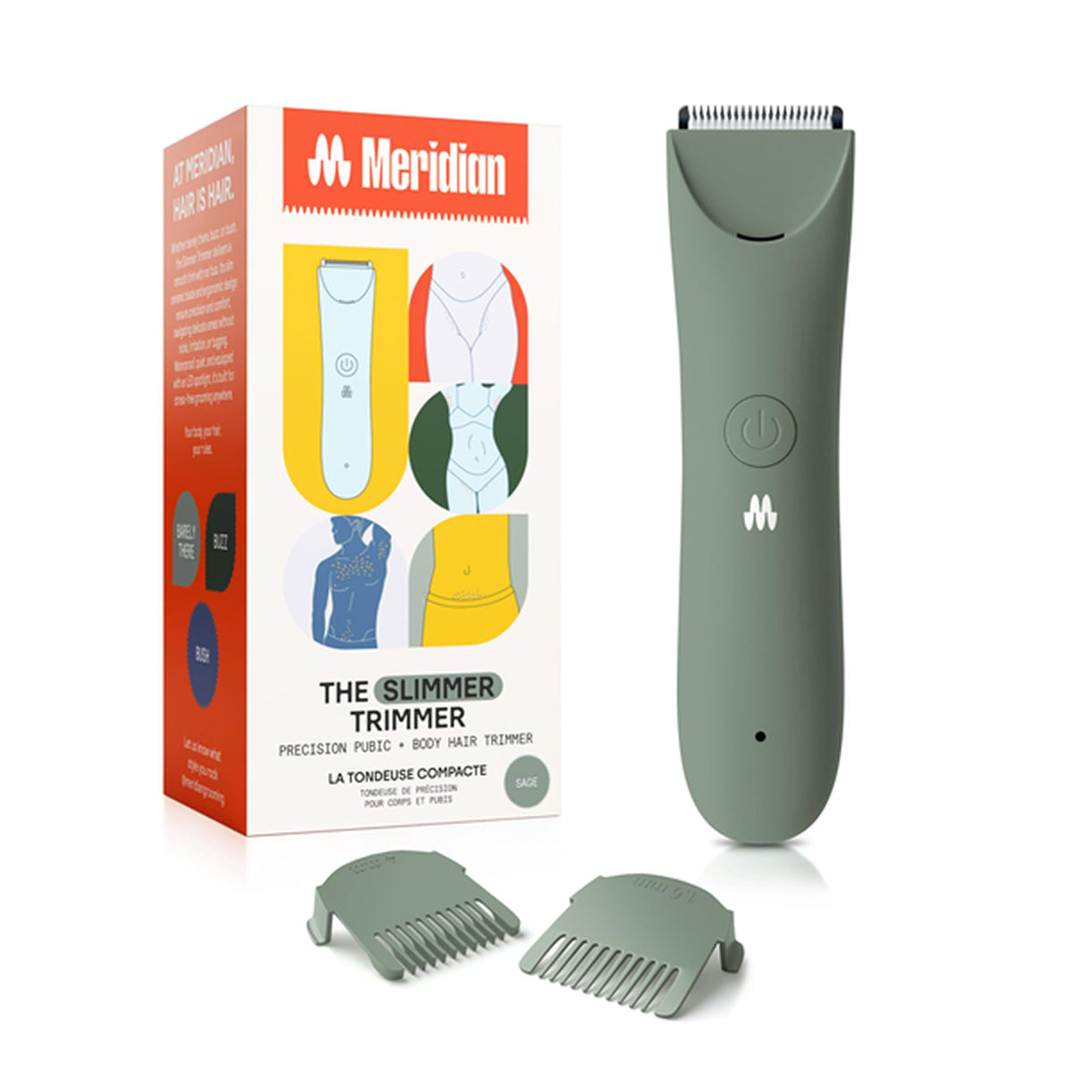 MERIDIAN slimmer trimmer front view showing sleek sage finish and ergonomic shape for comfortable grooming