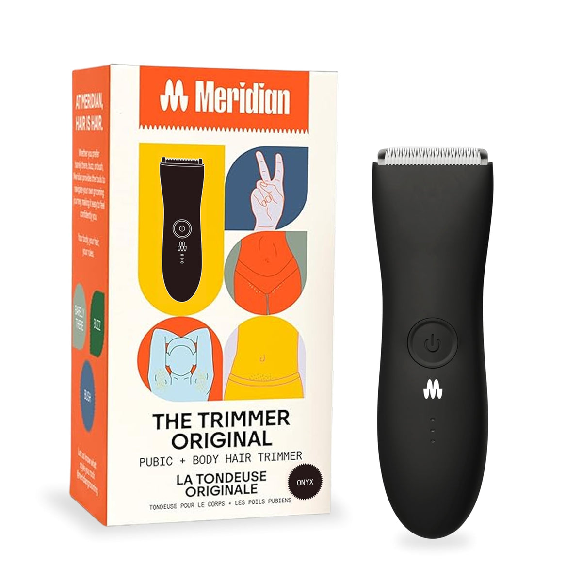 MERIDIAN front view of trimmer showing compact onyx design and ergonomic grip for comfort