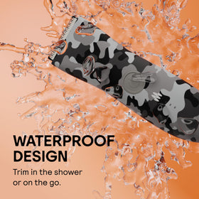 MERIDIAN trimmer under running water showing waterproof cleaning benefit