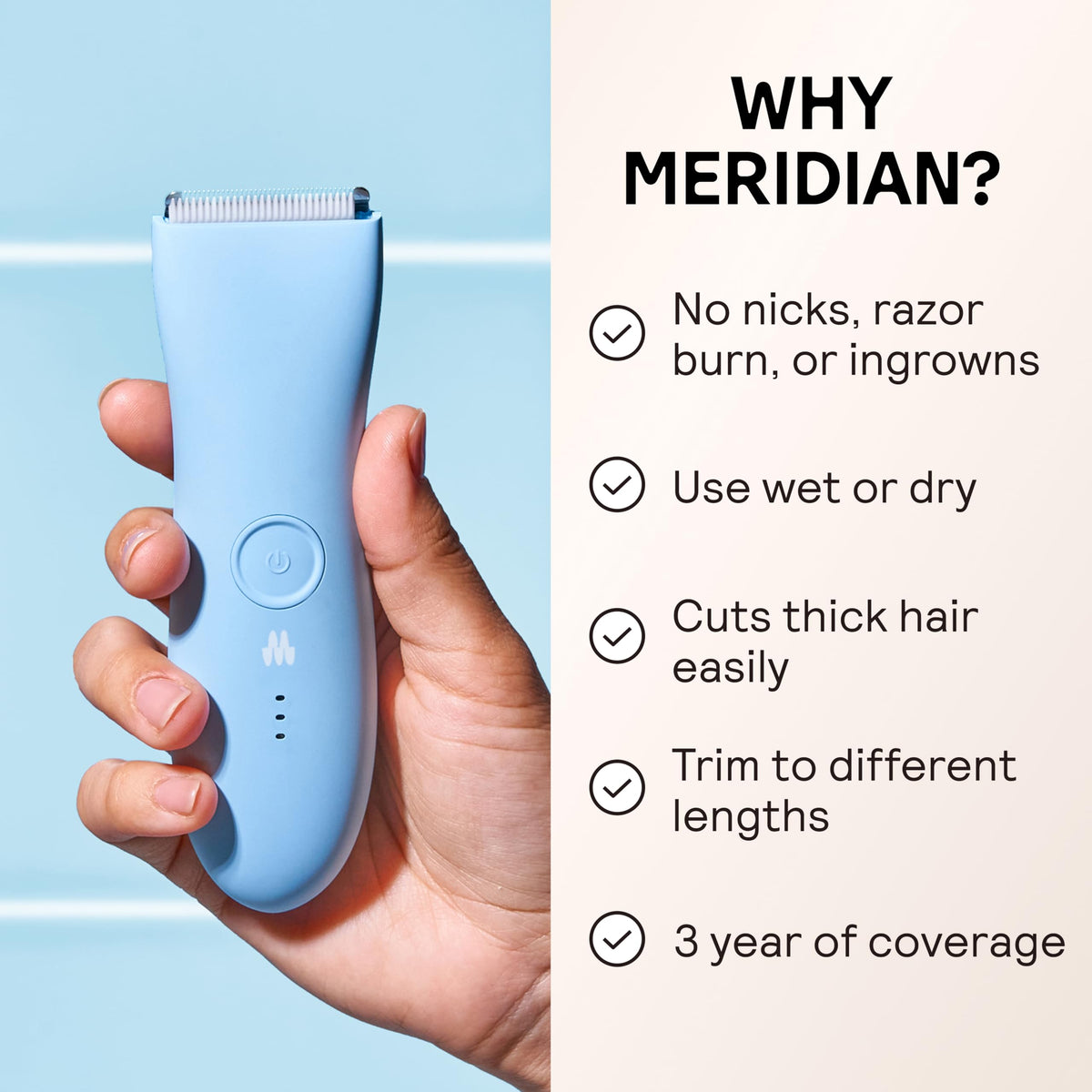 MERIDIAN ceramic blade close-up highlighting anti-nick guard for gentle trimming
