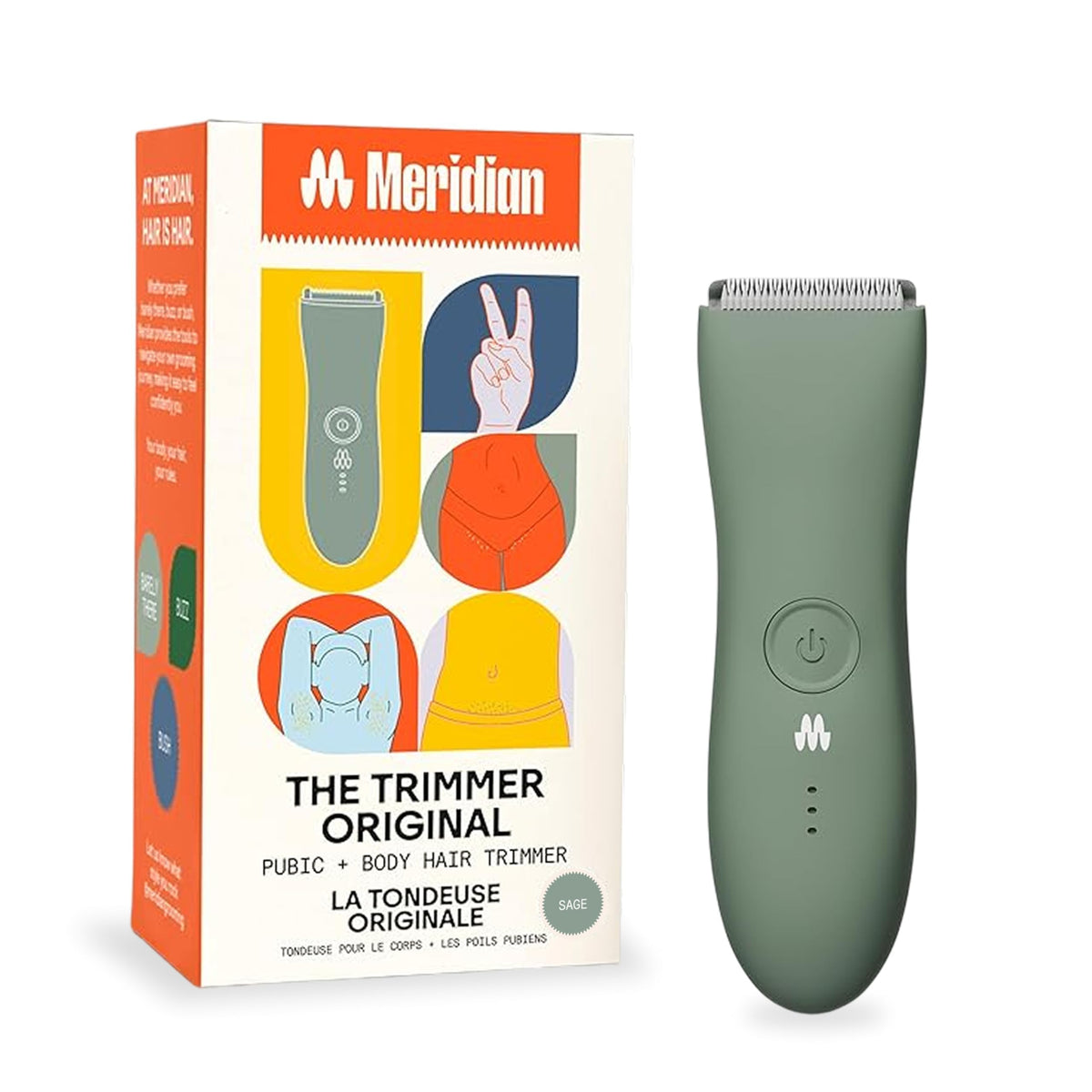 MERIDIAN front view of trimmer highlighting compact design and benefit of easy storage