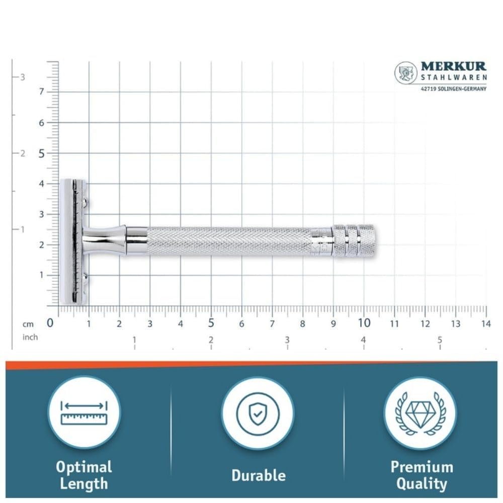MERKUR 23C staged in bathroom highlighting classic grooming aesthetic