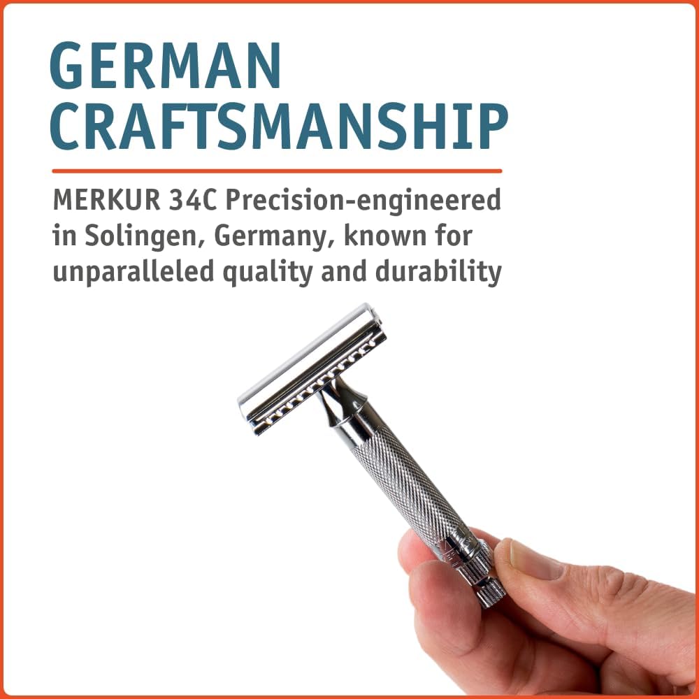 Merkur chrome head detail emphasizing durable finish and smooth shave performance