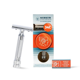 Merkur 34C front view showing classic chrome head and short handle for precise control