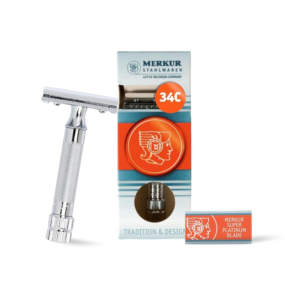 Merkur 34C front view showing classic chrome head and short handle for precise control