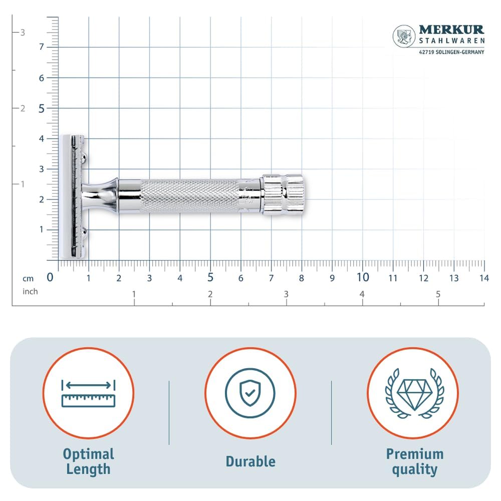 Merkur held in hand to show compact size and ergonomic shaving balance