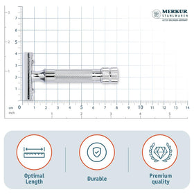 Merkur held in hand to show compact size and ergonomic shaving balance