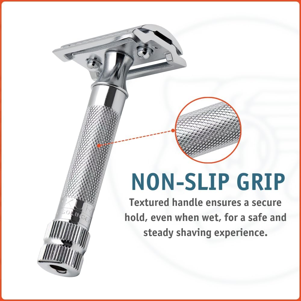 Merkur on bathroom vanity styled for traditional shaving routine and elegance